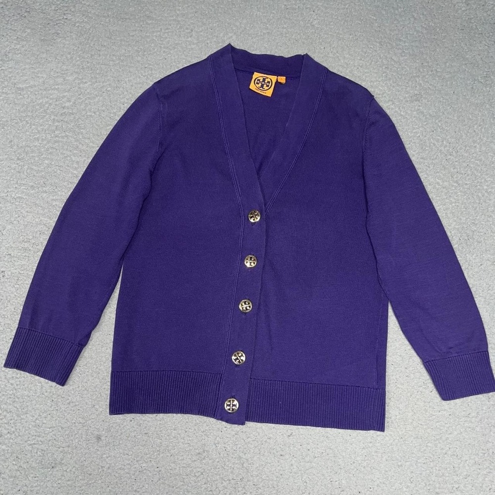 Tory Burch Simone Sweater Women Sz S Purple Knitted Gold Button Cardigan Grandma